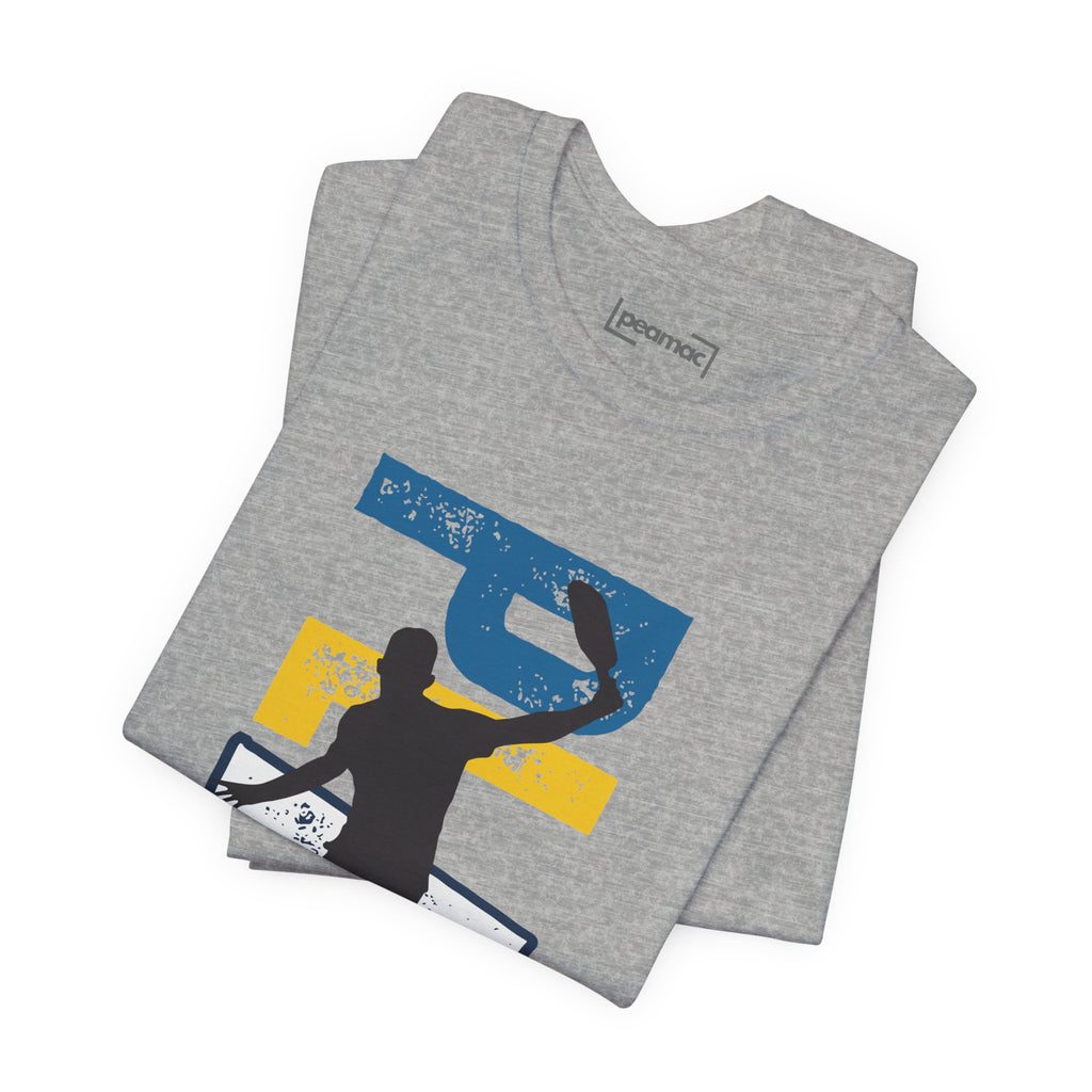 Men's Retro Pickleball Action T-Shirt with front silhouette and vertical "PICKLEBALL" text on the back, by Printify.