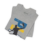 Men's Retro Pickleball Action T-Shirt with front silhouette and vertical "PICKLEBALL" text on the back, by Printify.