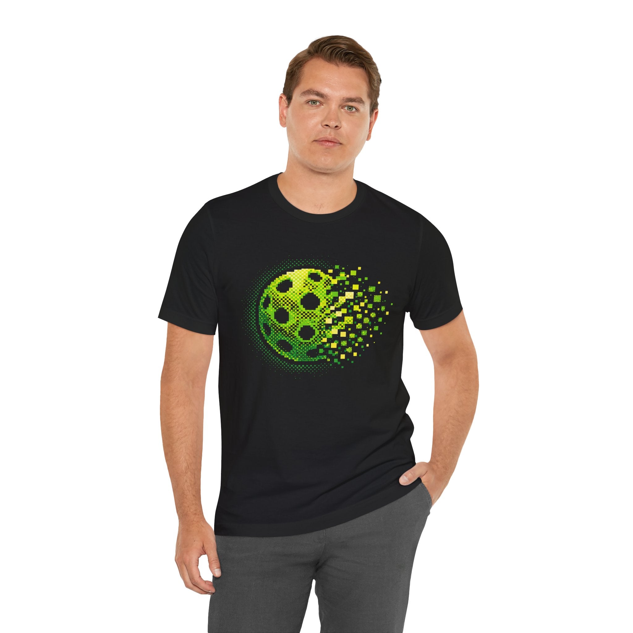 Green Pixelated Pickleball Tee by Printify featuring a retro court graphic T-shirt, perfect for pickleball enthusiasts.