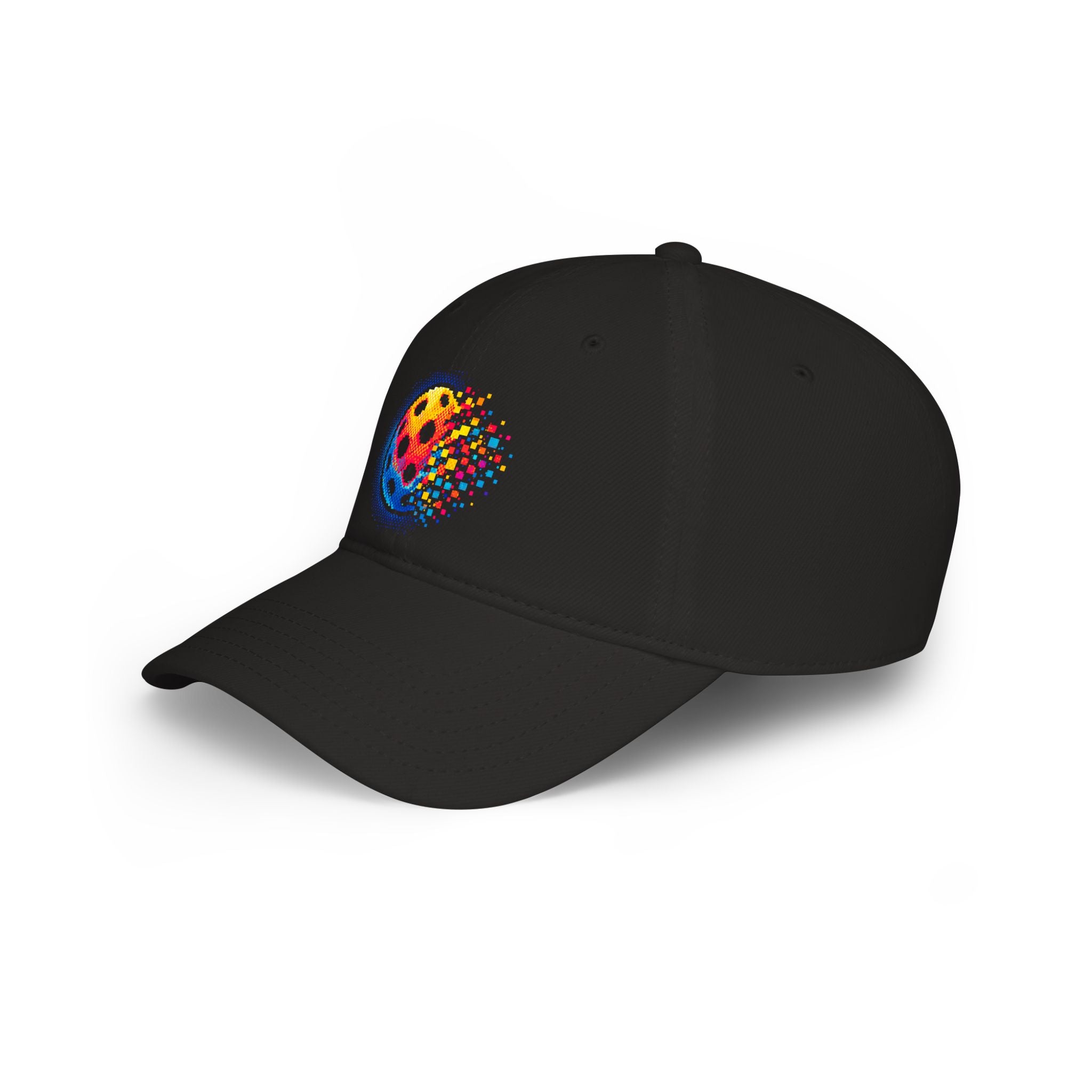 Pixelated Pickleball Cap, low profile cotton baseball hat with pixelated pickleball design, by Printify.
