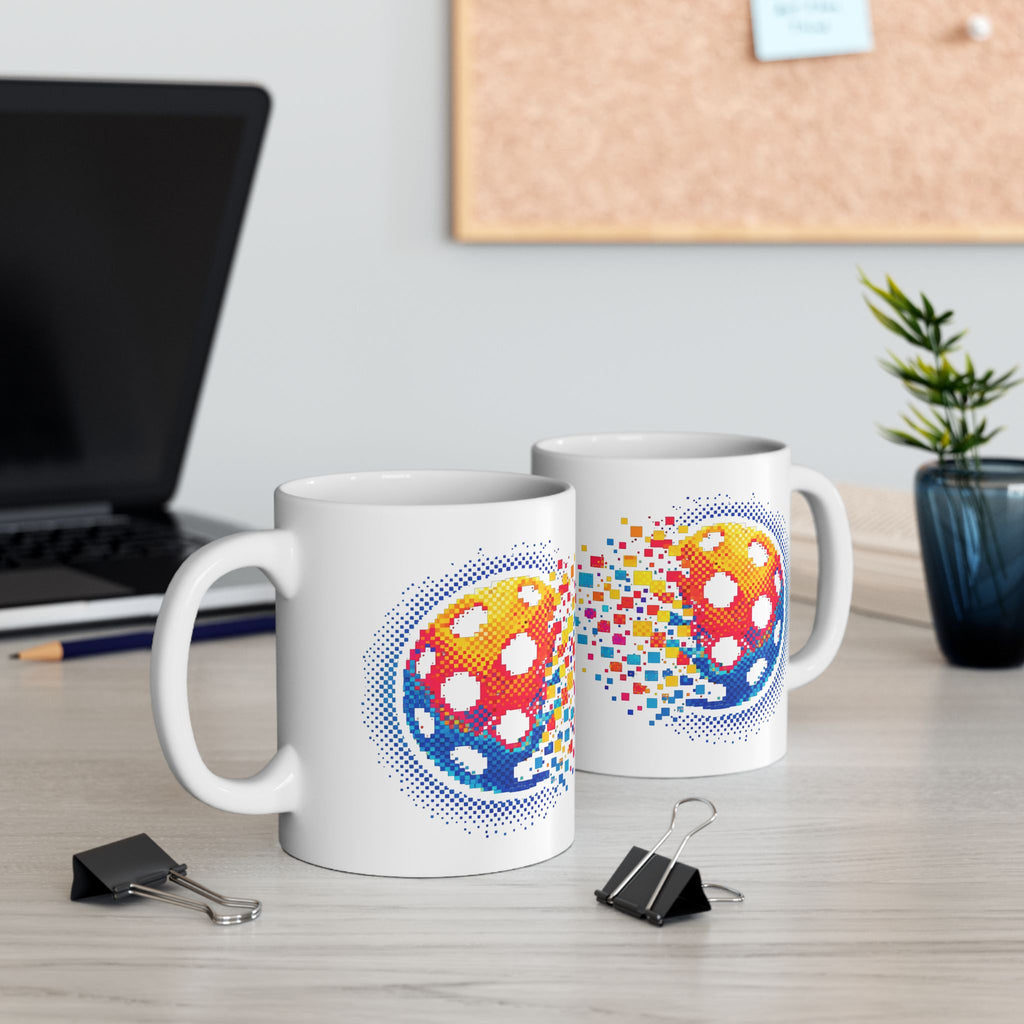 Pixelated Pickleball Ceramic Mug with retro exploding pickleball design, available in 11oz and 15oz sizes.