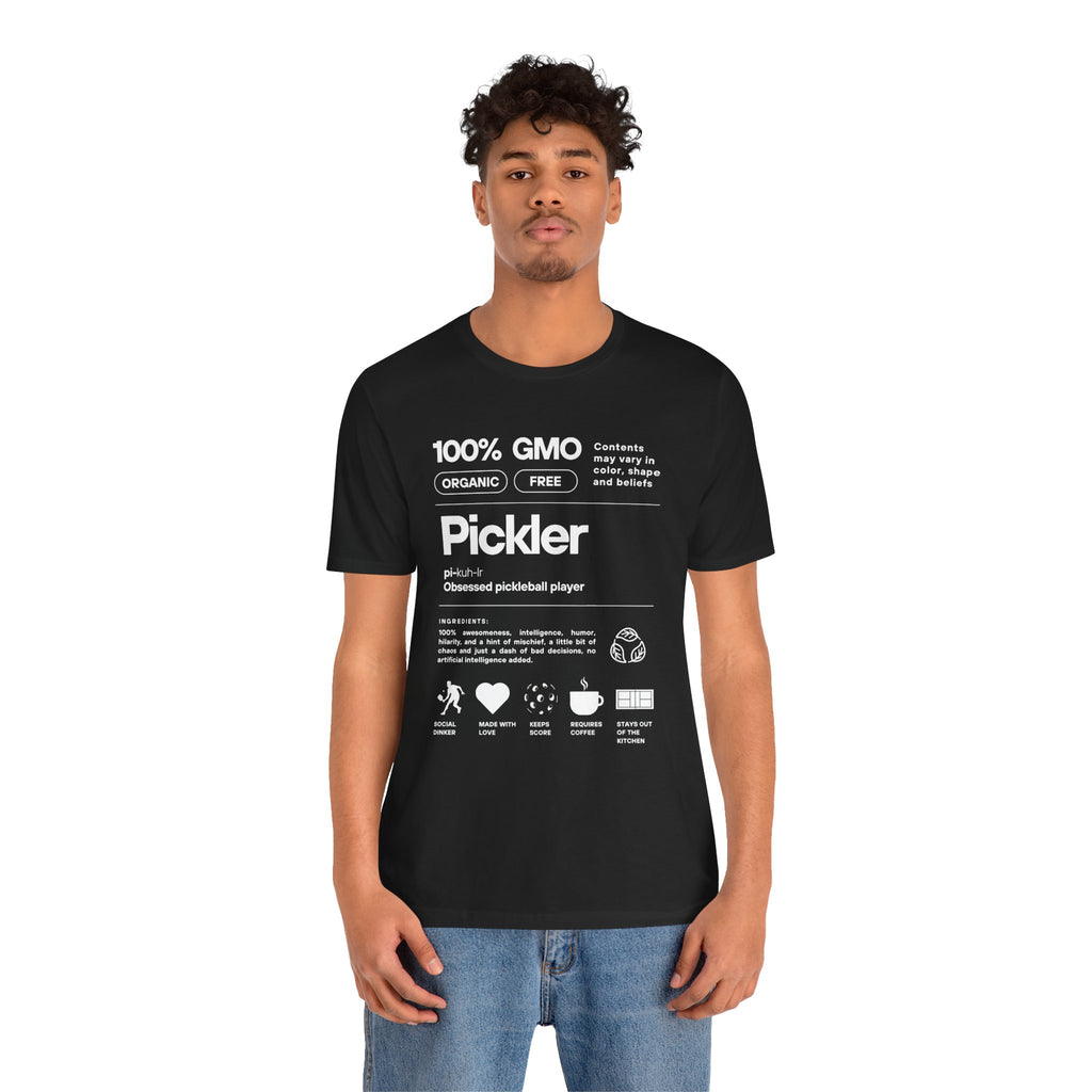 Men's white Pickler Funny Definitions T-Shirt featuring pickleball humor, lightweight activewear with bold text print.