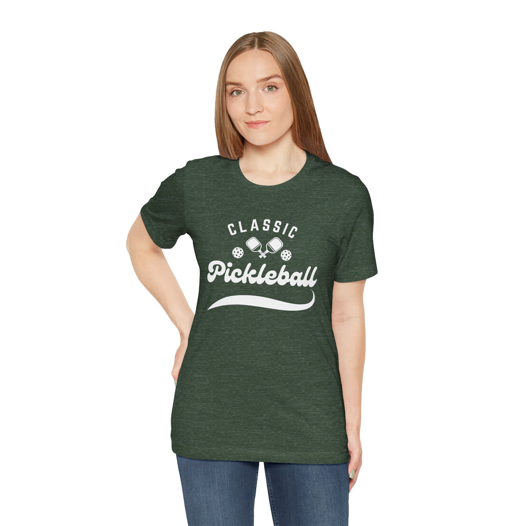 Classic pickleball T-shirt with "Pickleball" script design, comfortable cotton fabric, perfect for pickleball players and enthusiasts.
