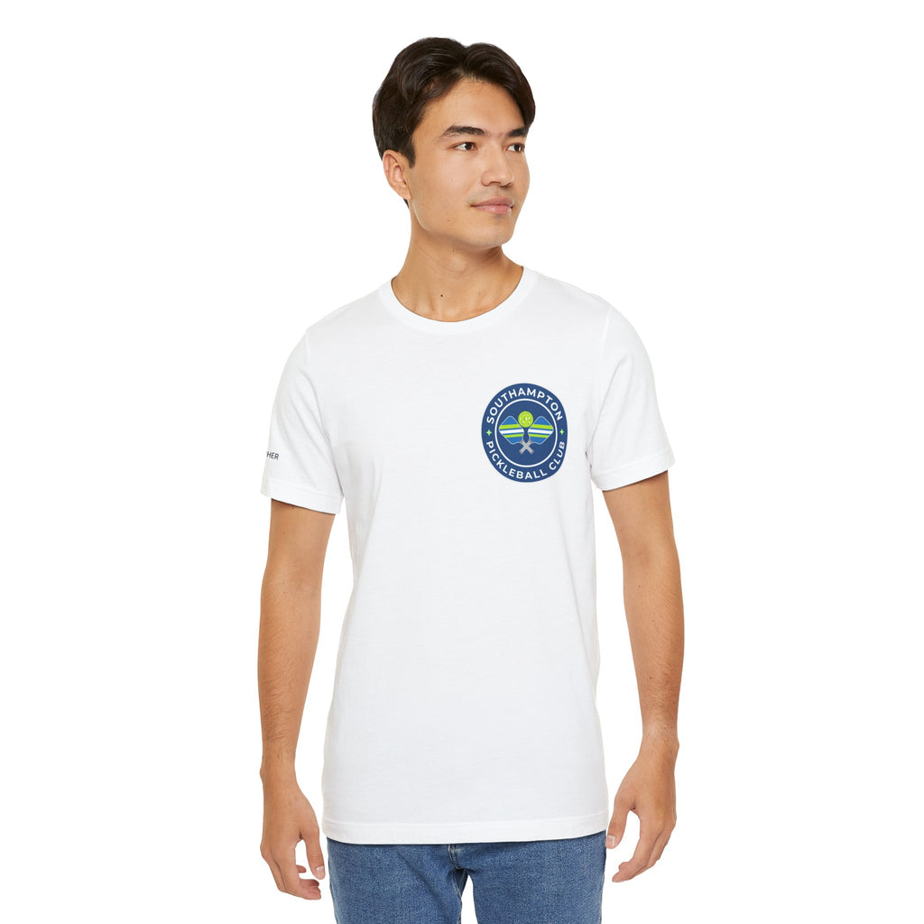 Personalized pickleball T-shirt by Printify with custom name on sleeve and club logo, featuring pickleball graphic on the back.