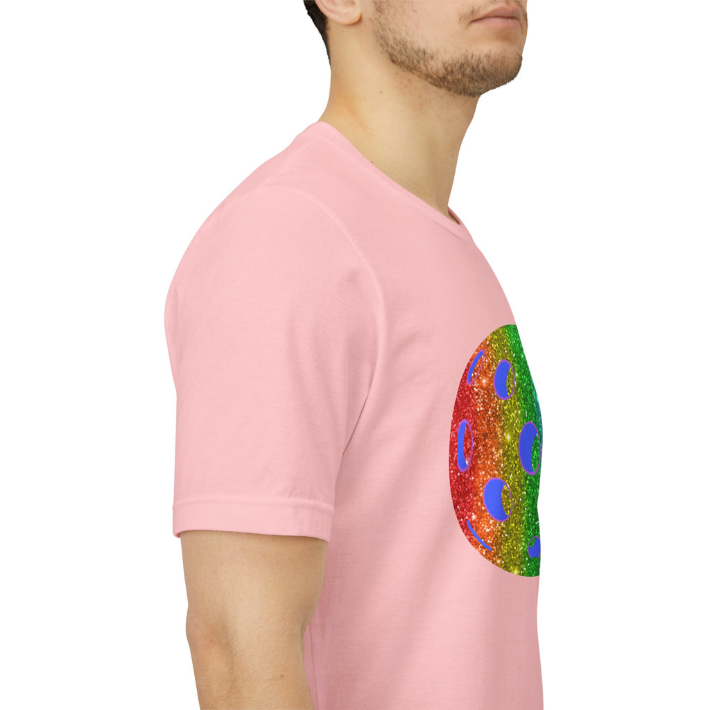 Rainbow glitter pickleball pride T-shirt featuring Sparkle Loud and Proud Pickleball logo, vibrant colors, and casual fit.