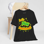Neon orange and electric green pickleball rally T-shirt with court graphic by Printify, casual unisex design.