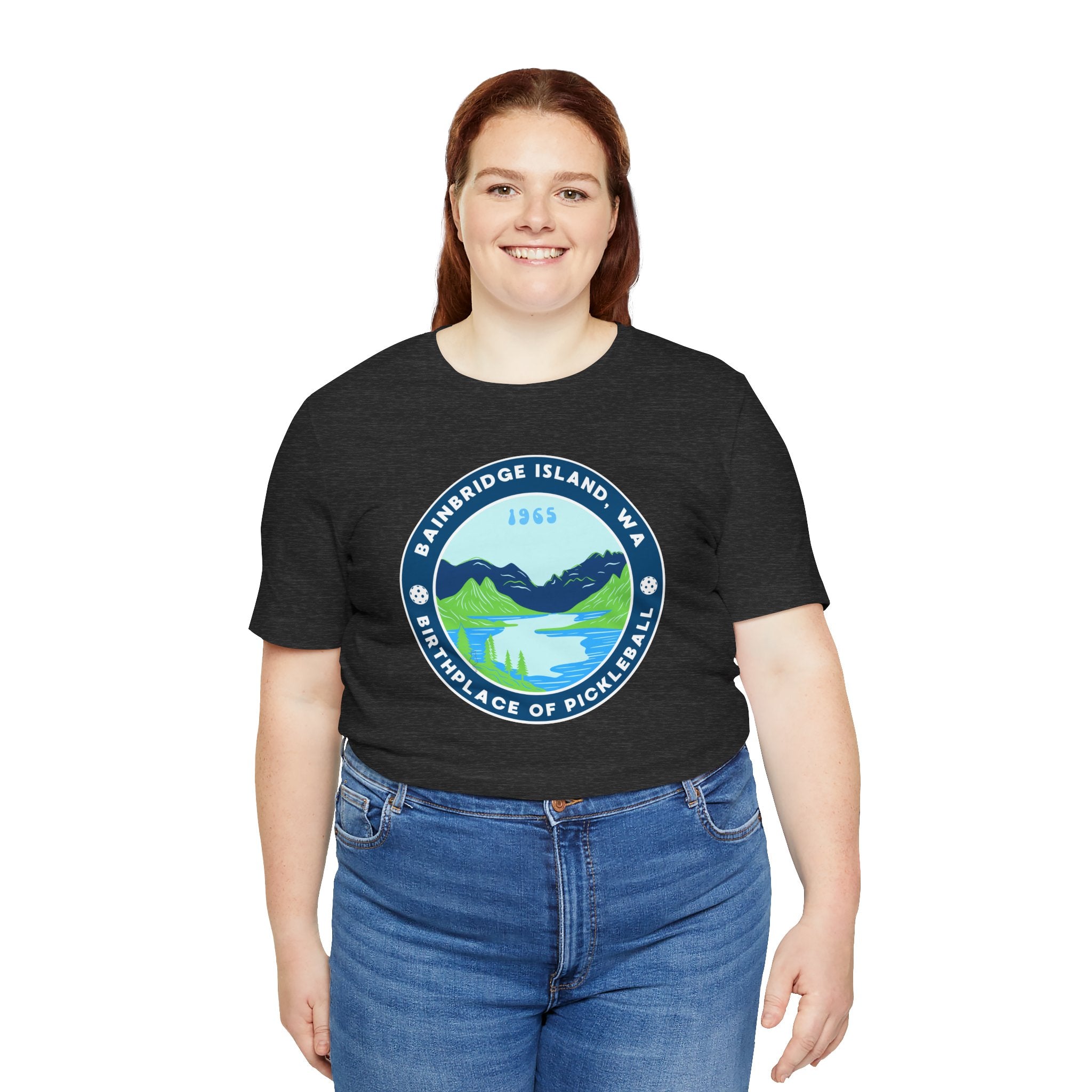 Unisex Bainbridge Island Pickleball Tee featuring "Birthplace of Pickleball 1965" logo on a comfortable cotton T-shirt.
