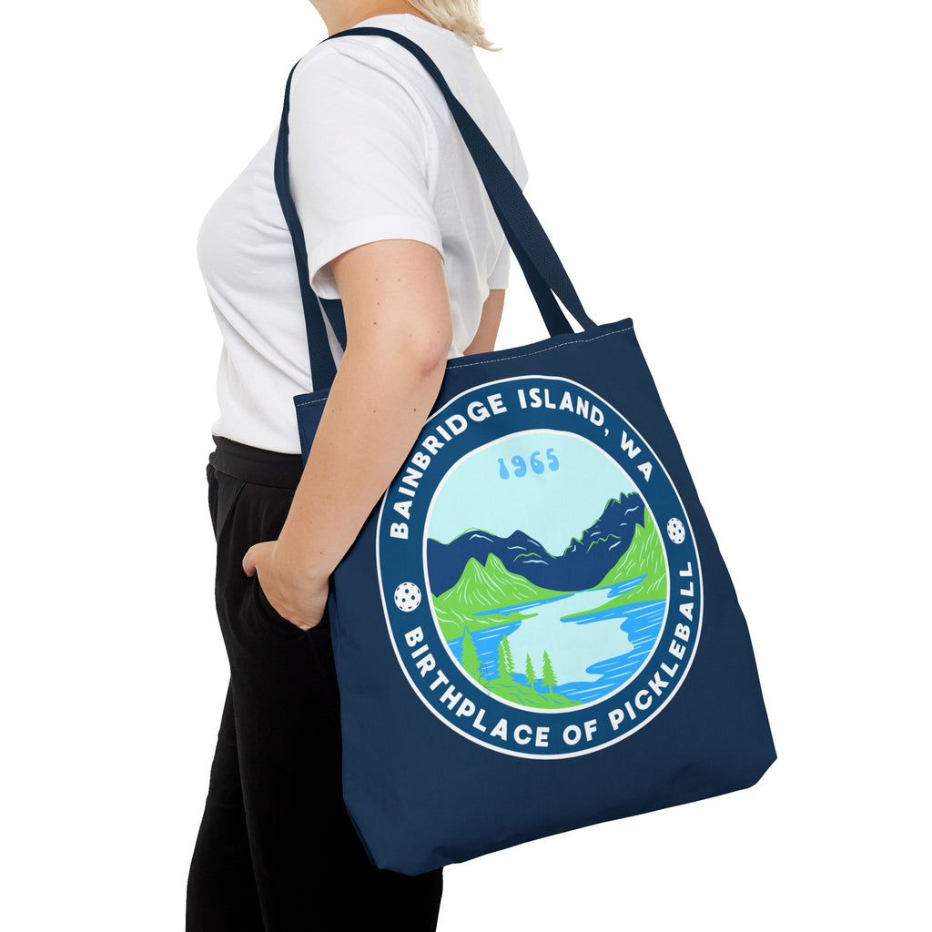 Large Printify pickleball tote bag featuring Bainbridge Island WA, the birthplace of pickleball, for carrying gear and accessories.