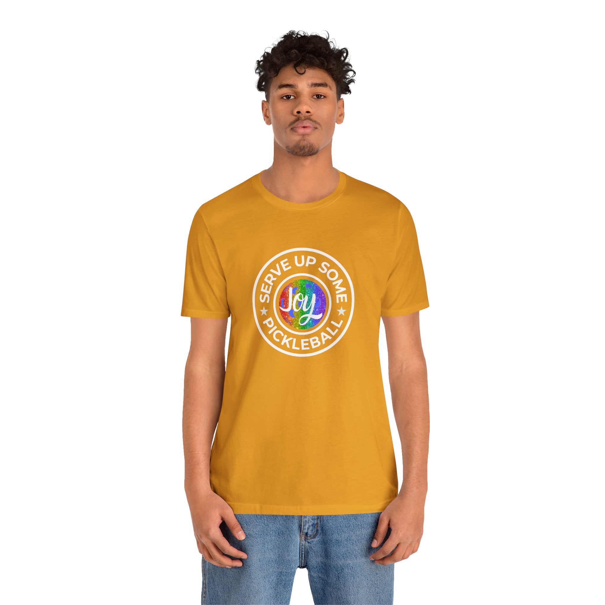 LGBTQ2 pride pickleball T-shirt by Printify featuring colorful rainbow design and bold lettering, casual fit for all genders.