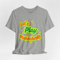 Neon orange and electric green Pickleball Rally T-Shirt with court graphic, casual athletic wear by Printify.