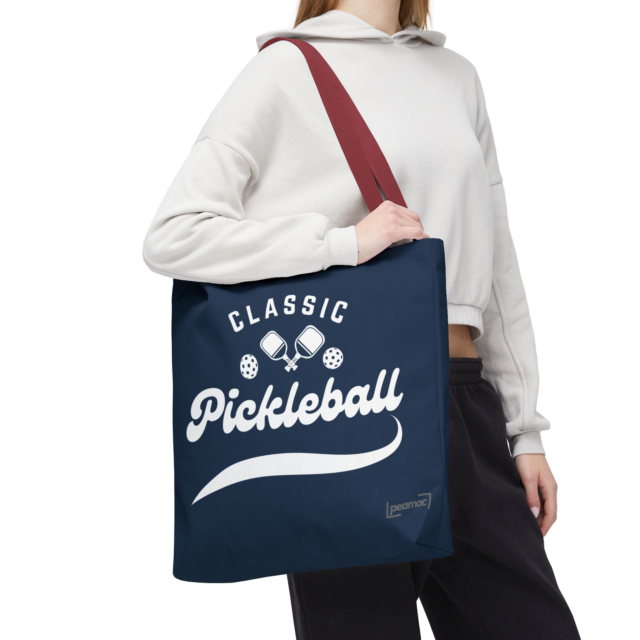 Large navy pickleball tote bag by Printify, durable shoulder bag for gear and travel, reusable court and sports accessory.