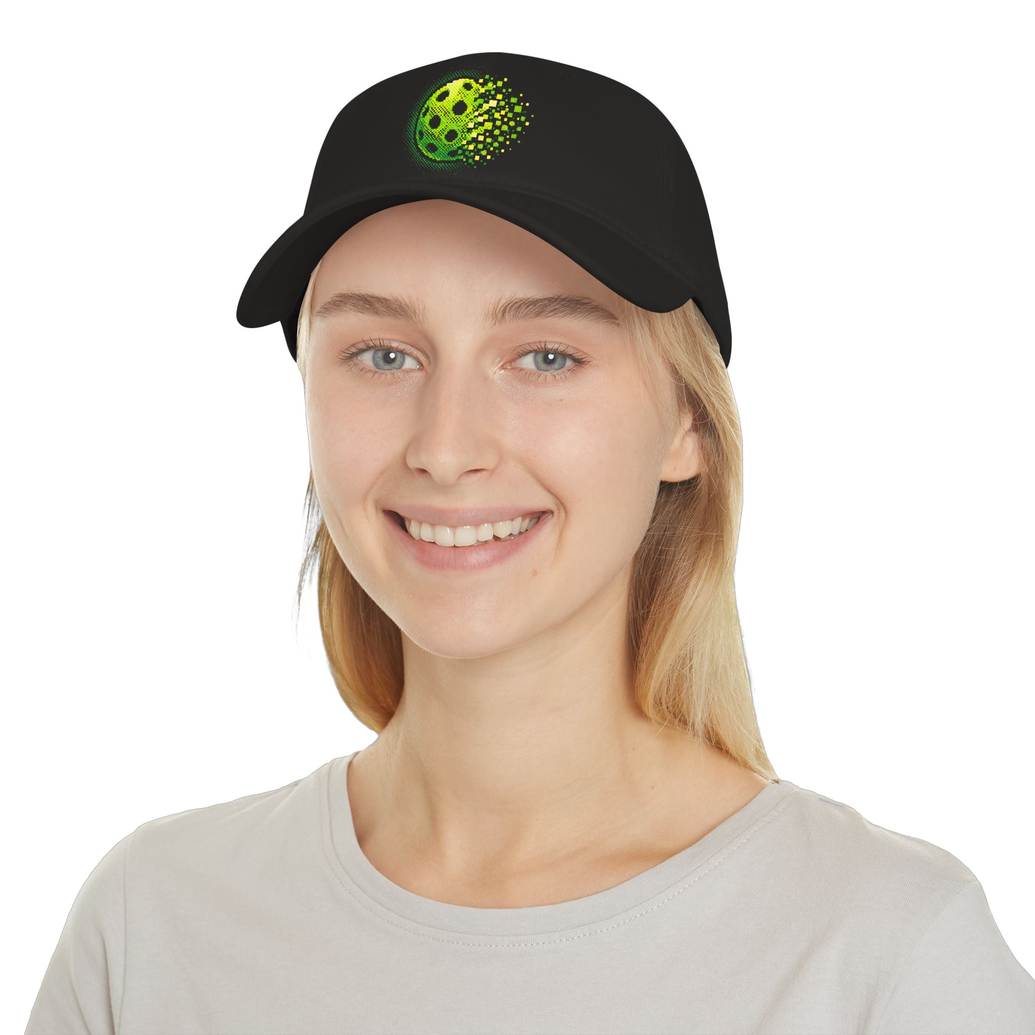 Pixelated Pickleball Cap in neon green, low profile cotton baseball hat with printed pickleball design, by Printify.