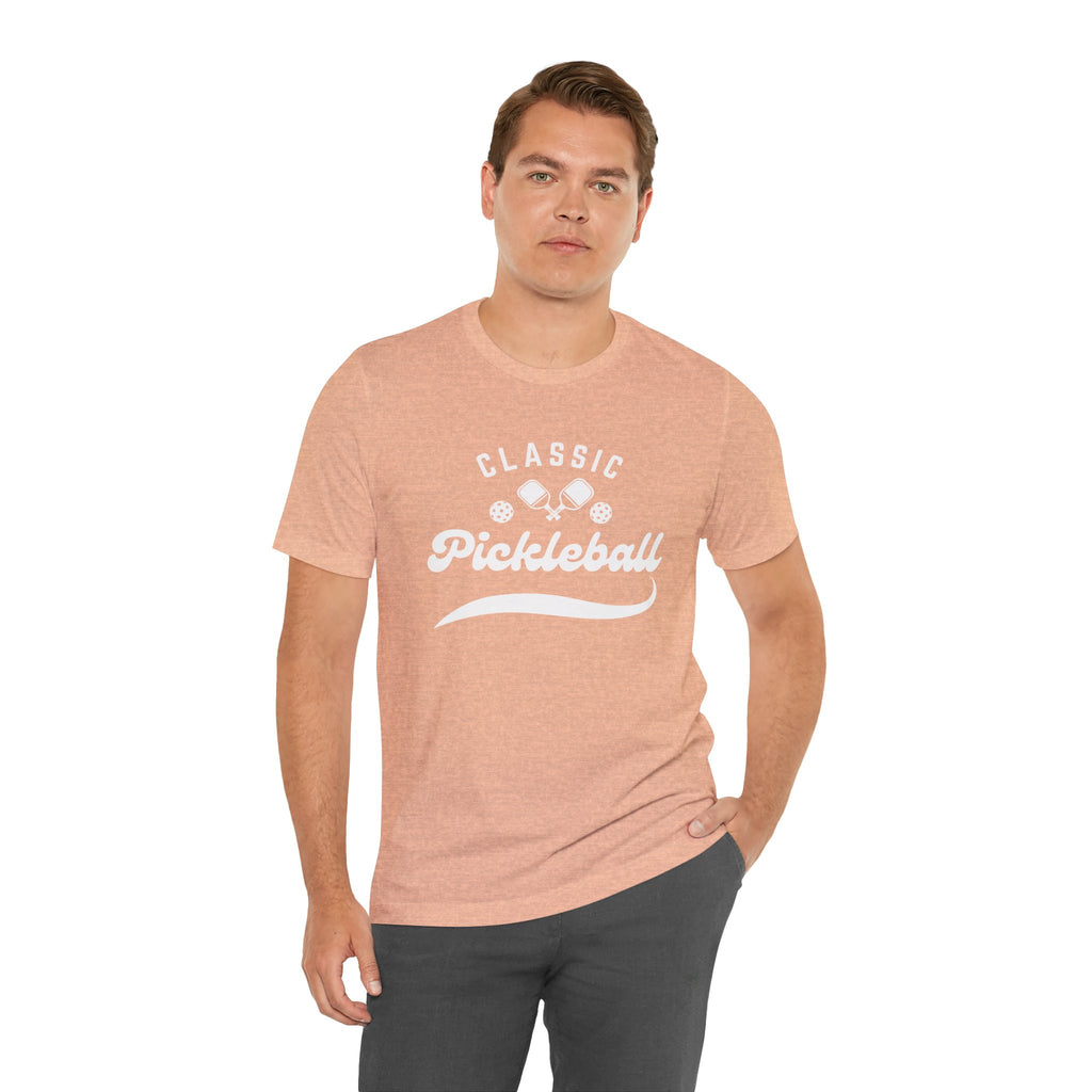 Classic pickleball T-shirt with "Pickleball" script design, casual cotton tee by Printify, shown in a relaxed fit image.