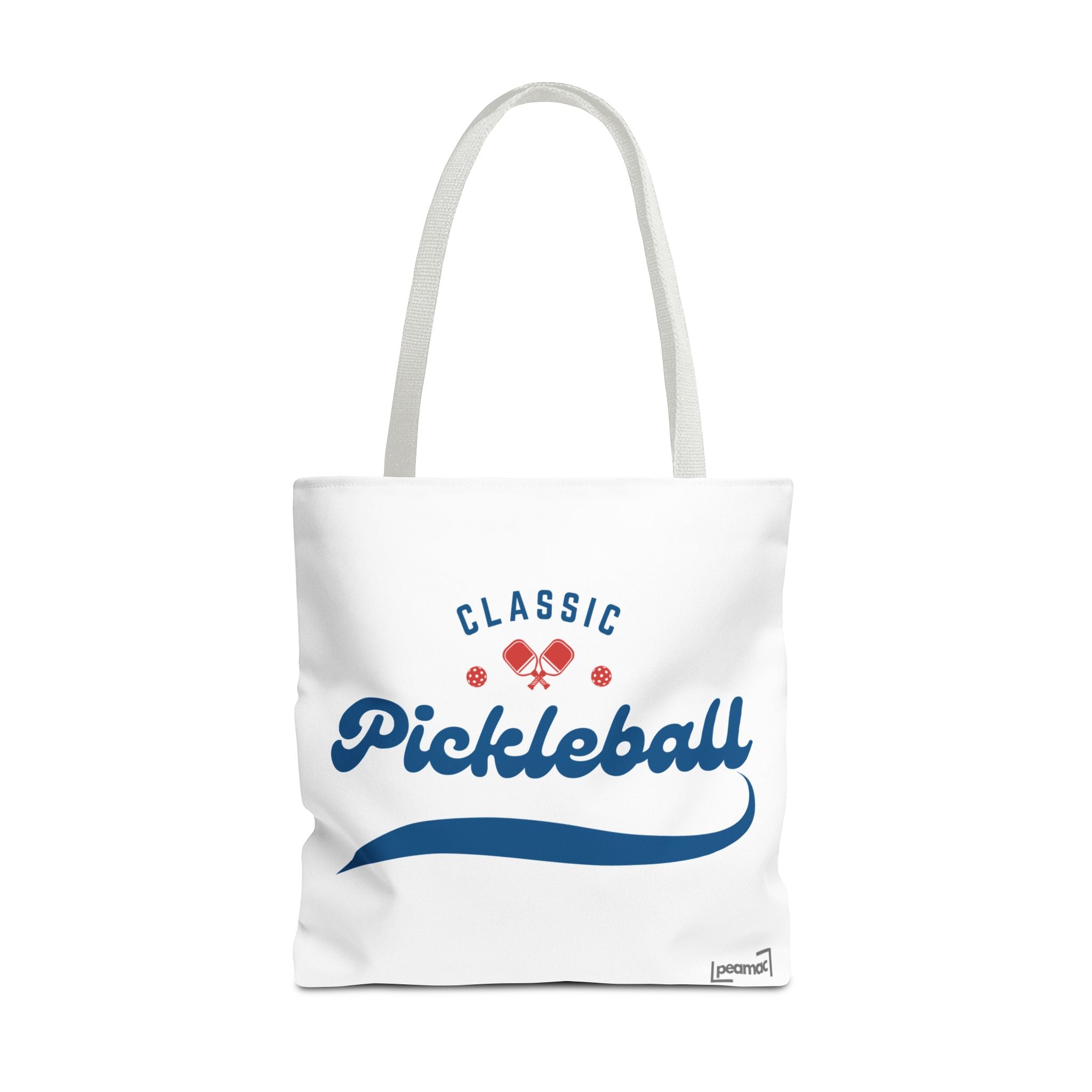 Large red and blue pickleball tote bag by Printify, rugged and spacious shoulder bag for gear and accessories.