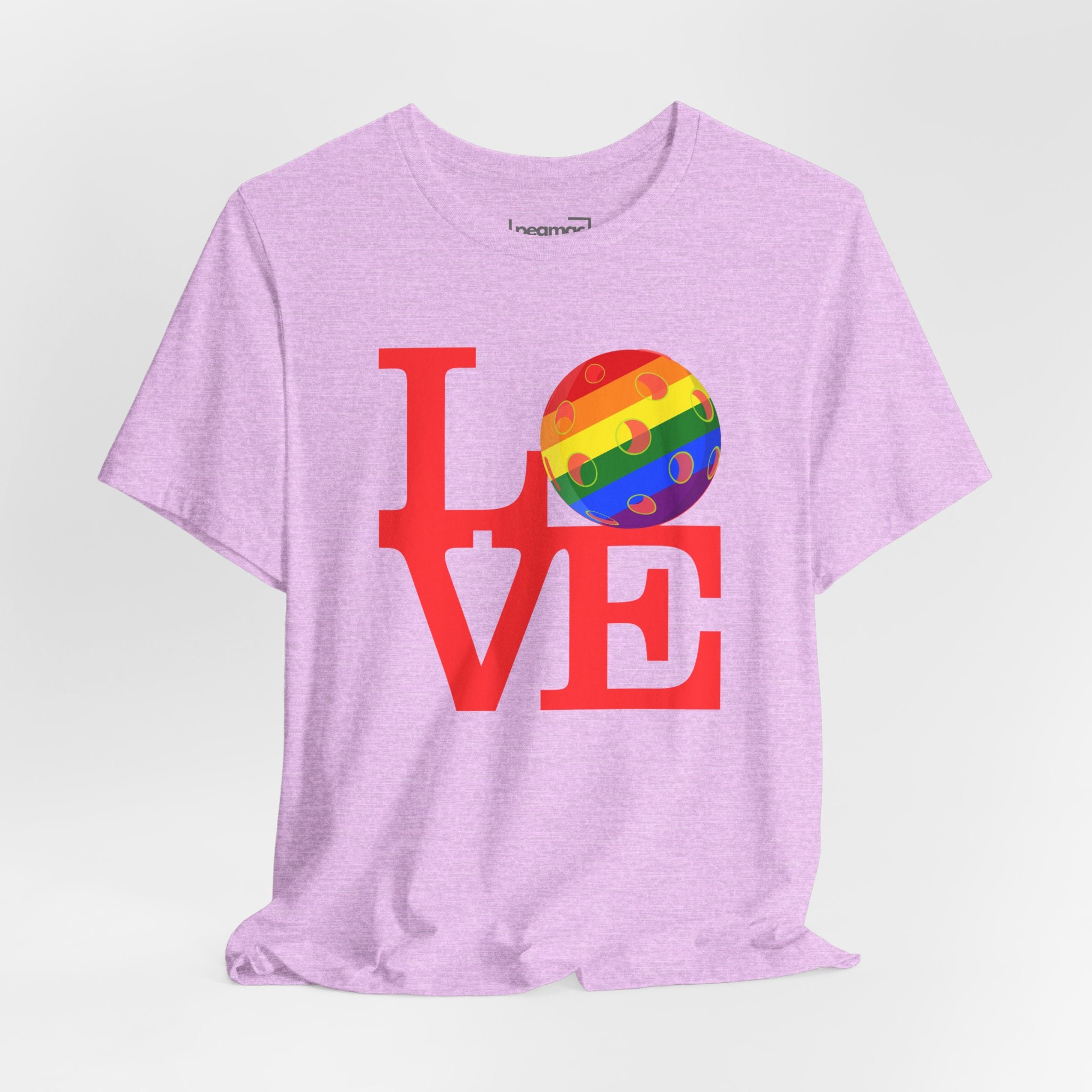 Rainbow LGBTQ2 pride T-shirt featuring the LOVE Pickleball logo, colorful design on a comfortable casual tee.