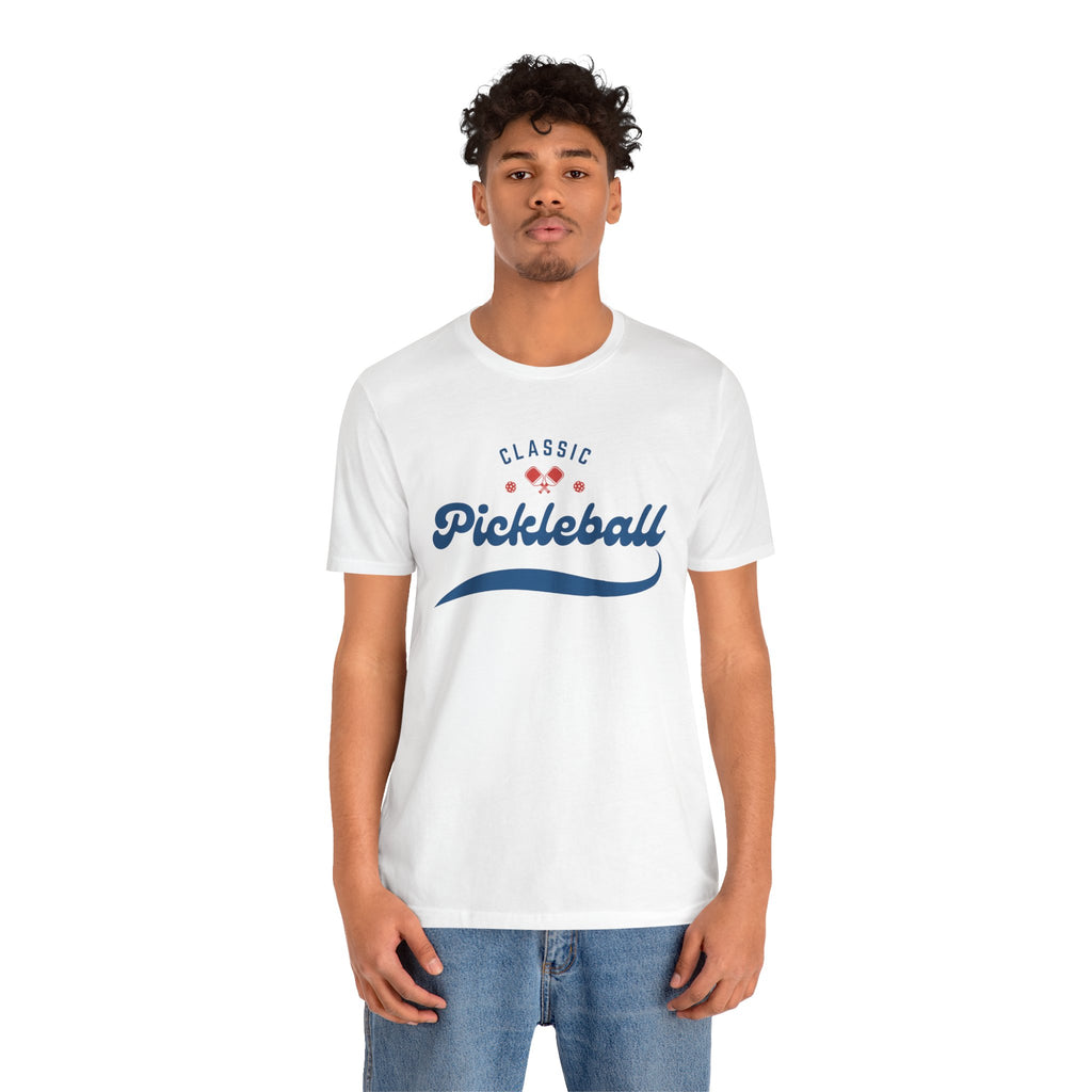 Red and blue pickleball script T-shirt featuring paddle and ball design, casual apparel by Printify.