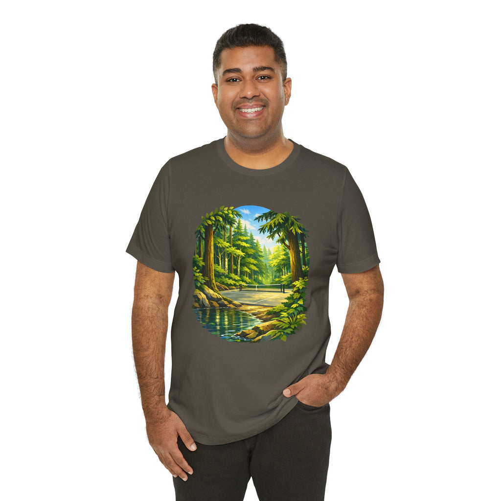 Unisex Hidden Forest Pickleball T-Shirt featuring Bainbridge Island tribute, printed by Printify, with forest and pickleball graphics.