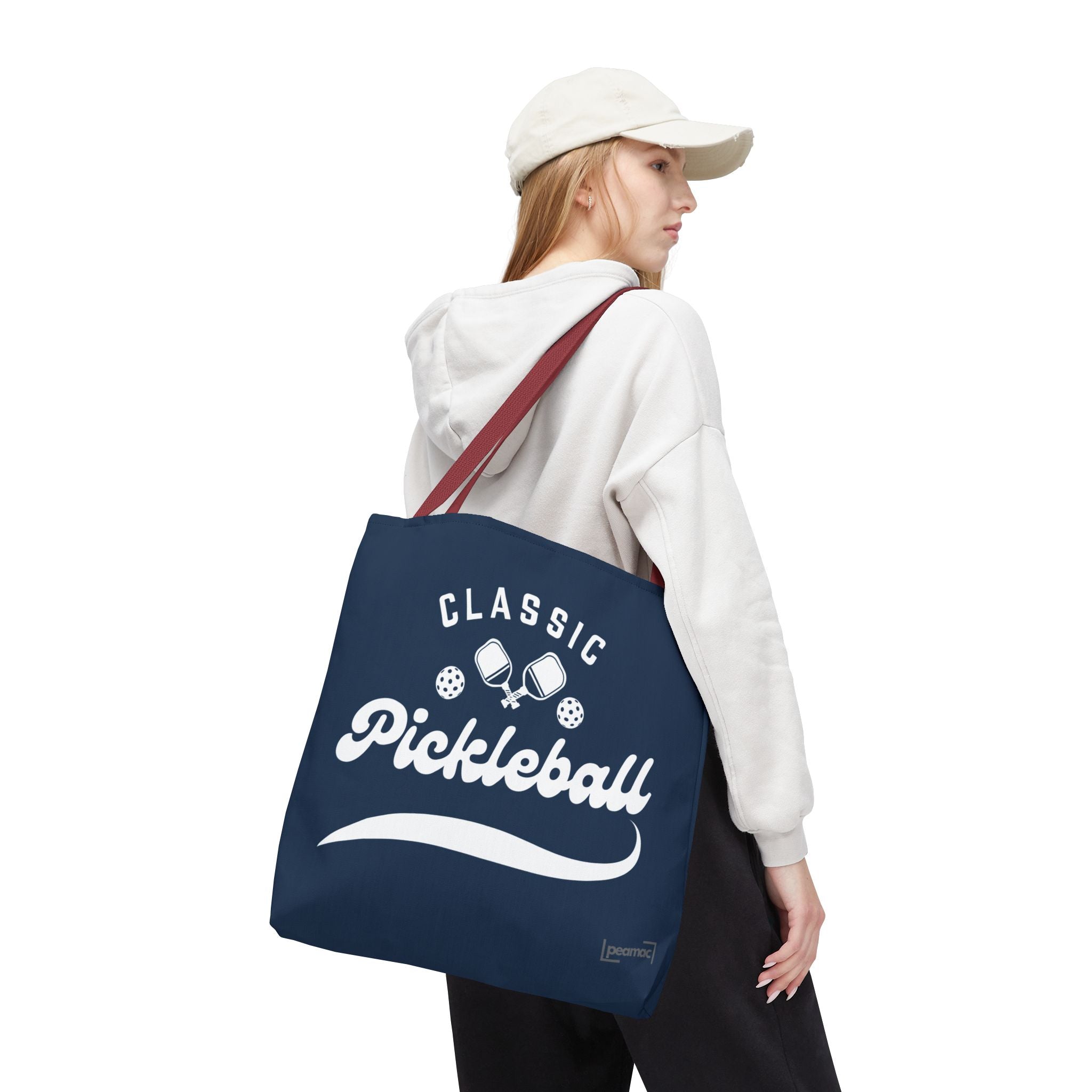 Large navy pickleball tote bag by Printify featuring durable shoulder straps and spacious interior for gear and travel essentials.