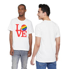 Rainbow LOVE Pickleball Pride T-Shirt by Printify featuring colorful LGBTQ2 rainbow design on a casual unisex tee.