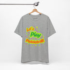 Neon orange and electric green Pickleball Rally T-Shirt with court graphic, casual athletic wear by Printify.