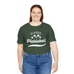 Classic pickleball T-shirt with "Pickleball" script design, comfortable cotton fabric, casual sportswear for pickleball players.