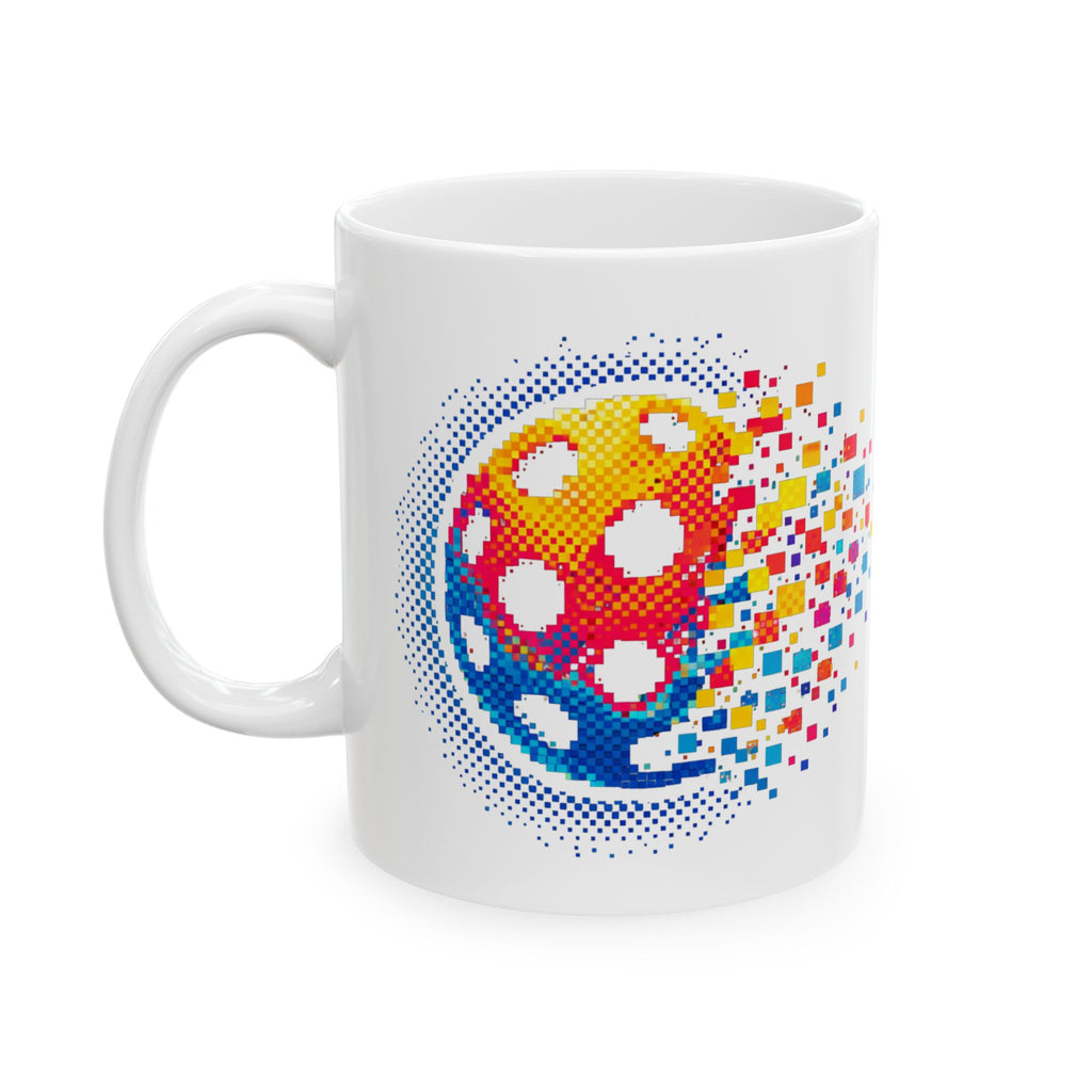 Pixelated Pickleball ceramic mug with retro exploding pickleball design, available in 11oz and 15oz sizes.