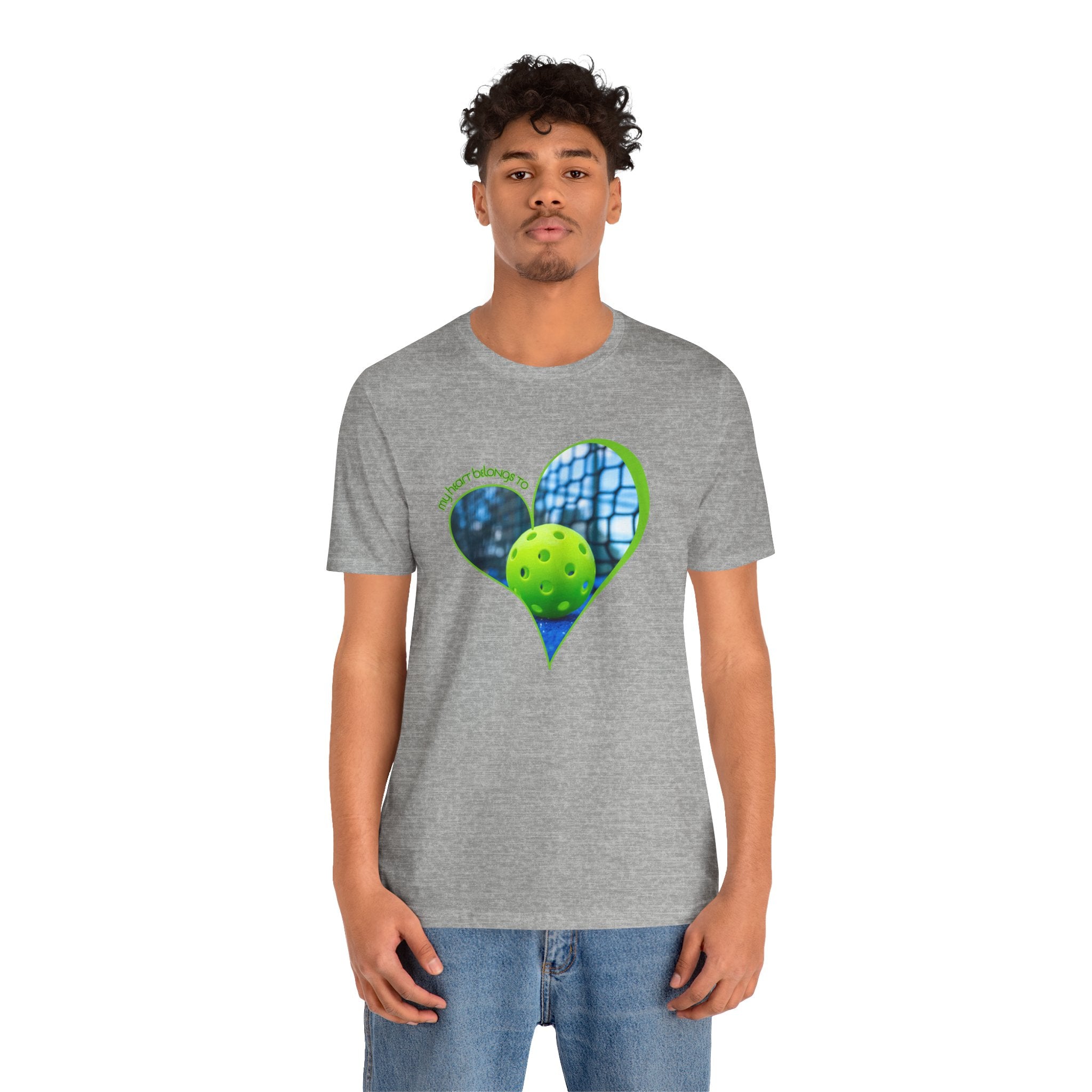 Gray Pickleball T-shirt with "My Heart Belongs to Pickleball" slogan, casual fit, for players and fans, by Printify.