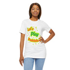 Neon orange and electric green Pickleball Rally T-Shirt with court graphic by Printify, casual sportswear for active wear.