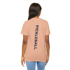 Women's retro-inspired pickleball T-shirt with vertical "PICKLEBALL" back print by Printify, casual sportswear for active wear.