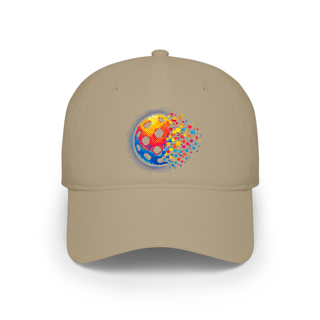 Pixelated Pickleball Cap, low profile cotton baseball hat by Printify, featuring a colorful pixelated pickleball design.