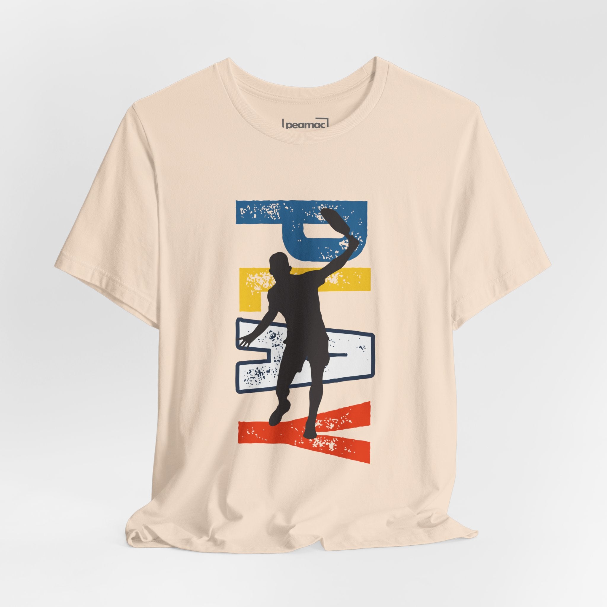 Men's Retro Pickleball Action T-shirt with front silhouette and vertical 'PICKLEBALL' text on the back, by Printify.