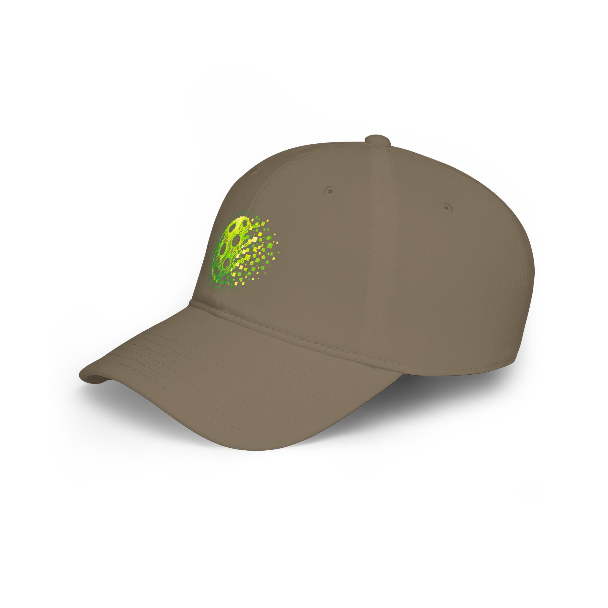 Pixelated Pickleball Cap Neon Green, low profile cotton baseball hat by Printify with a vibrant, pixelated pickleball design.