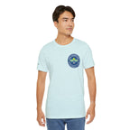 Personalized Pickleball T-shirt with custom name sleeve, club logo, and pickleball graphic on the back, by Printify.