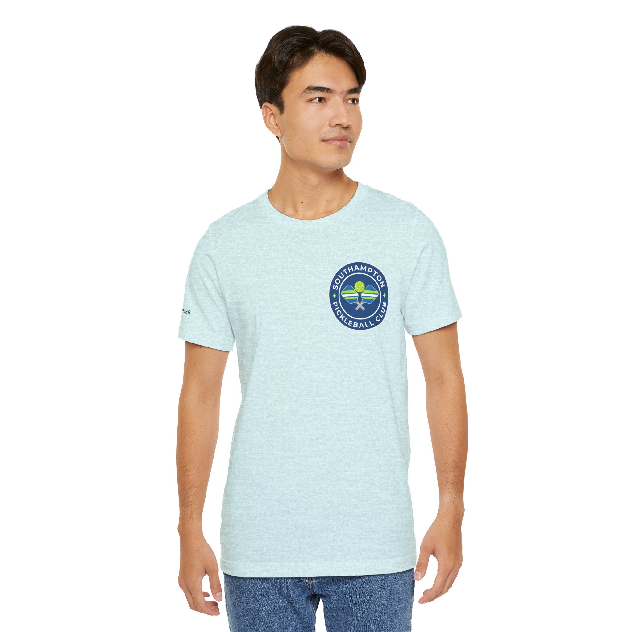 Personalized Pickleball T-shirt with custom name sleeve, club logo, and pickleball graphic on the back, by Printify.