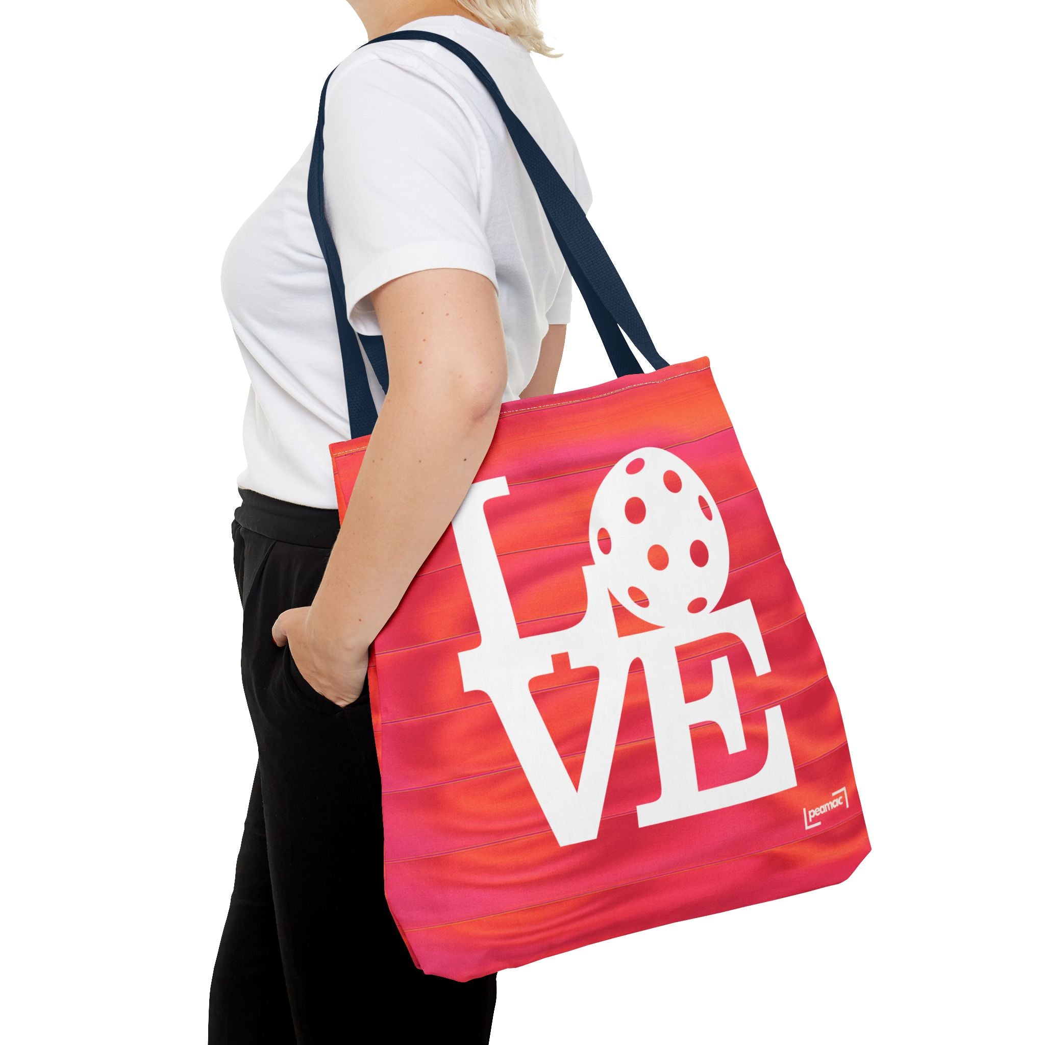 Sporty orange and pink LOVE Pickleball Tote Bag by Printify, large carryall bag perfect for sports and casual use