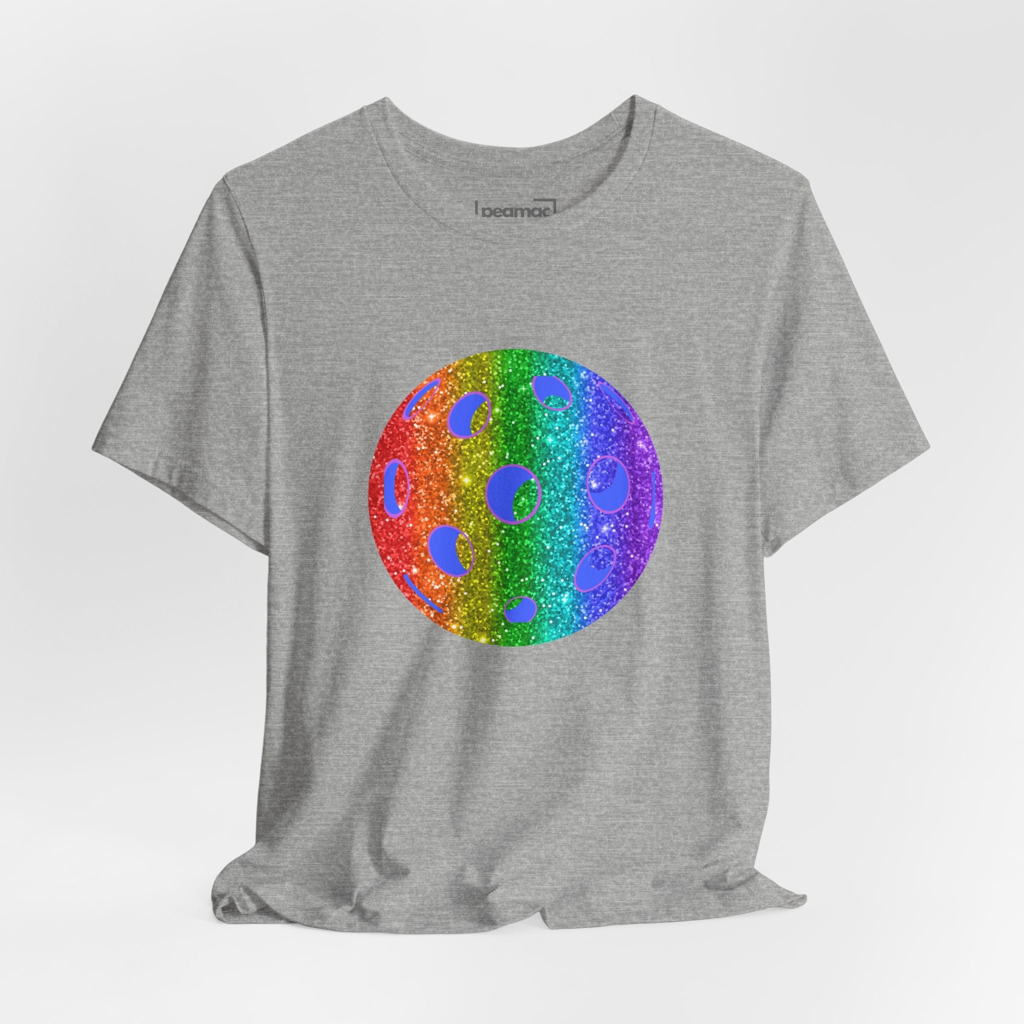 Rainbow glitter pickleball pride T-shirt featuring a colorful design, celebrating LGBTQ+ pride and pickleball enthusiasm.