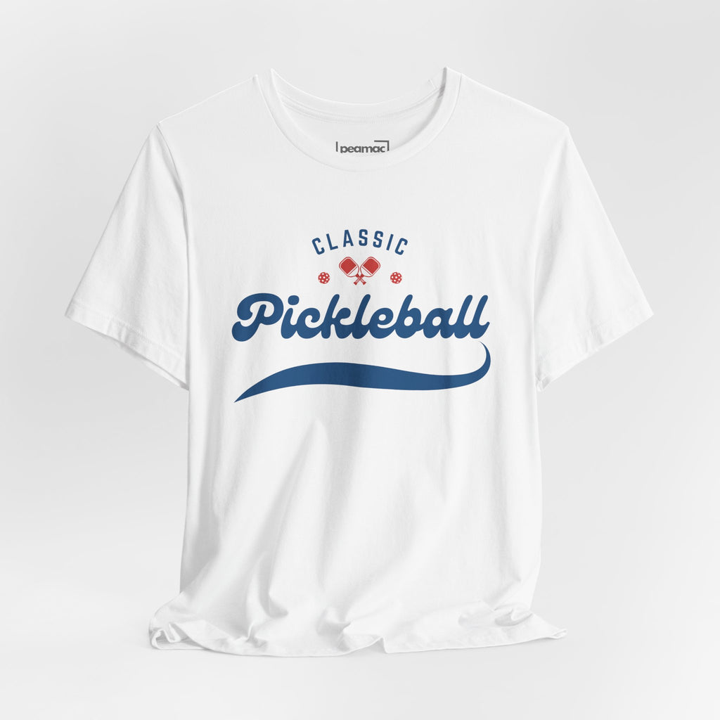 Red and blue pickleball paddle and ball design on a classic script T-shirt by Printify, perfect for pickleball enthusiasts.