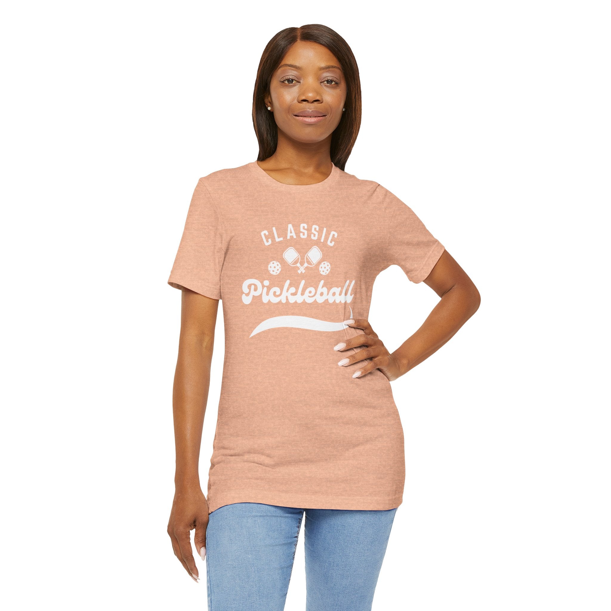 Classic pickleball T-shirt with "Pickleball" script design, comfortable cotton shirt perfect for pickleball players and enthusiasts.