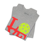 Neon pop art design on LOVE Pickleball T-Shirt from Printify, premium comfortable T-shirt for pickleball enthusiasts.
