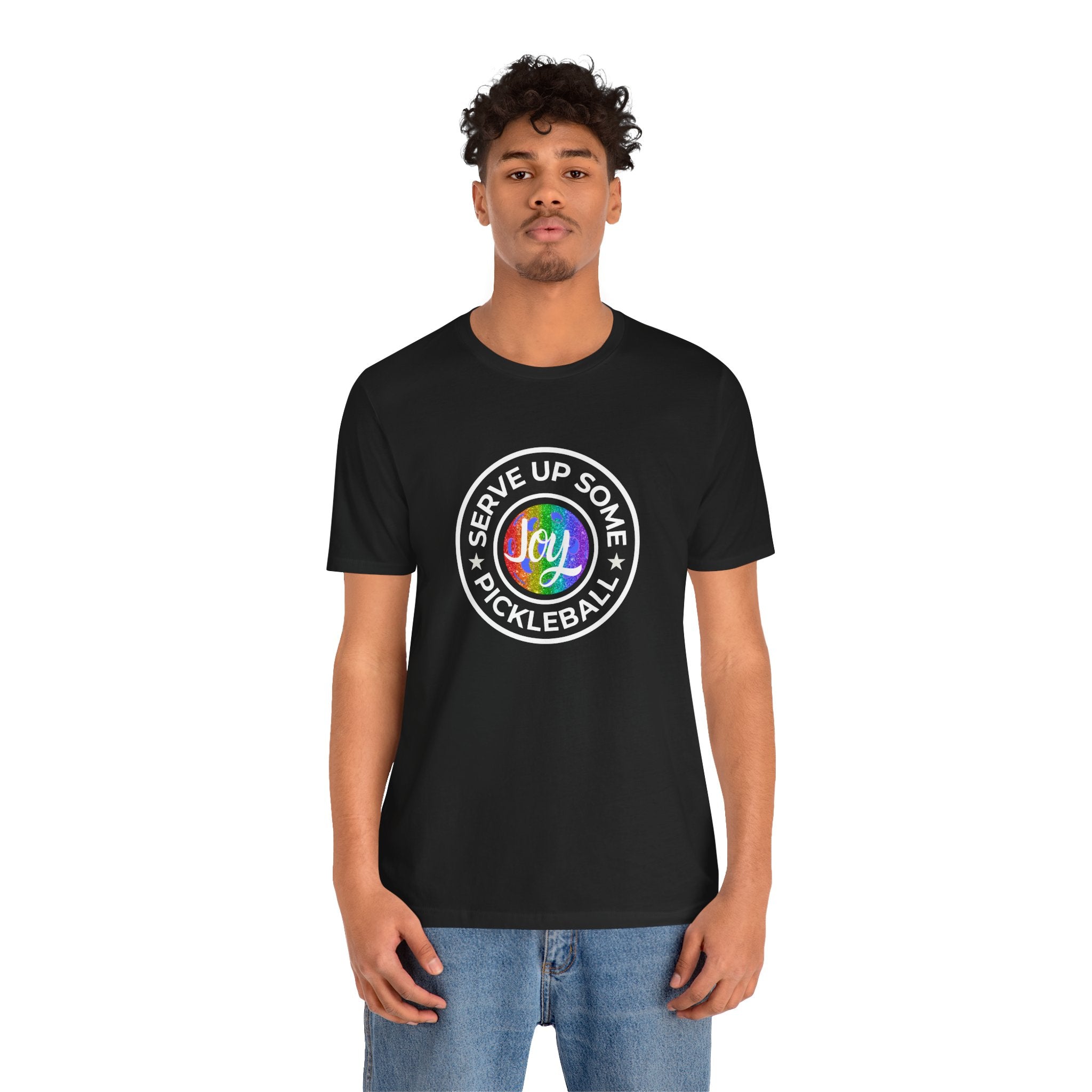 LGBTQ2 pride T-shirt featuring a colorful pickleball design, casual fit, printed by Printify, perfect for LGBTQ+ sports enthusiasts.