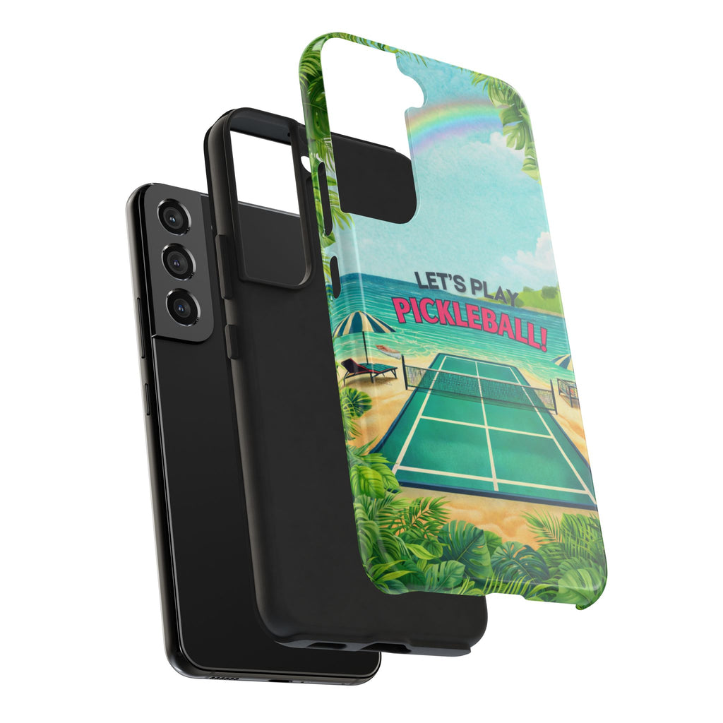 Let's Play Pickleball Tropical Tough Phone Case by Printify, featuring a beach court design for iPhone and Samsung models.