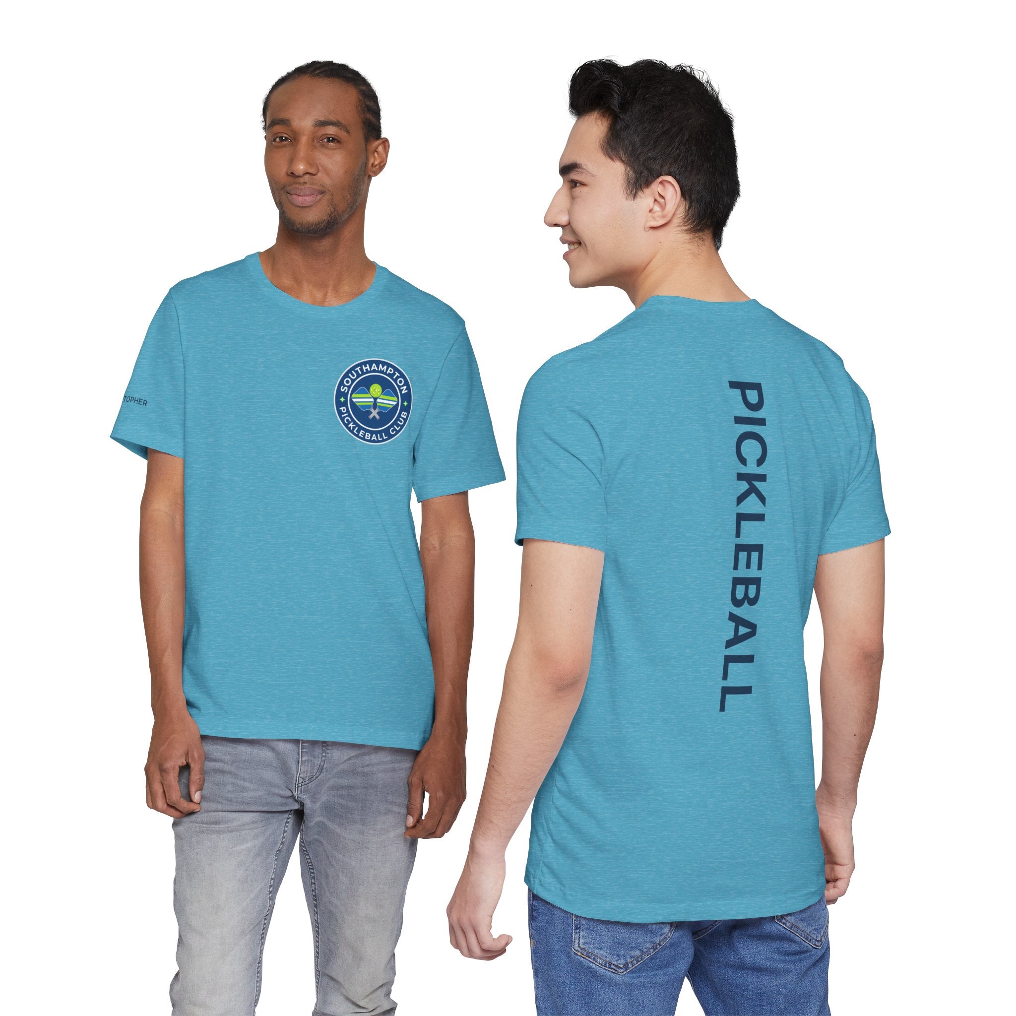 Personalized Pickleball T-shirt by Printify featuring custom name sleeve, club logo, and pickleball graphic on the center back.