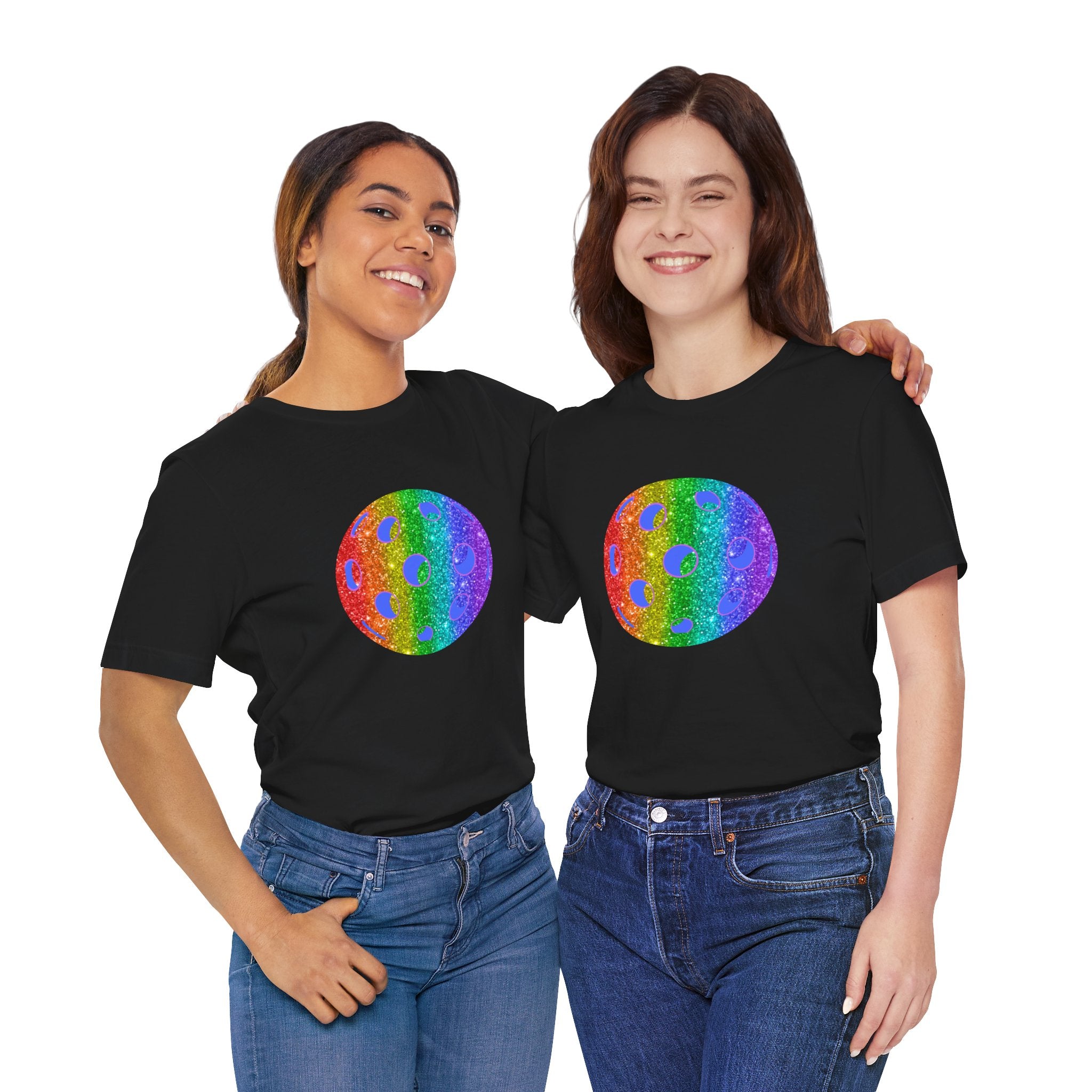 Rainbow glitter pickleball T-shirt with "Loud and Proud" slogan, featuring vibrant colors and a comfortable fit from Printify.