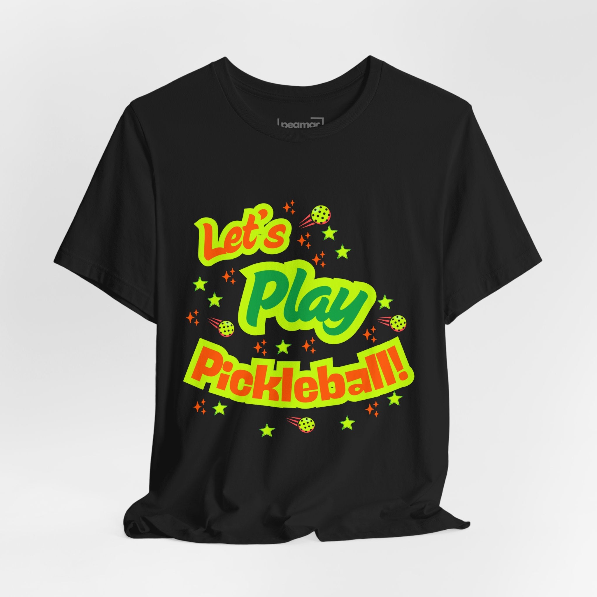 Neon orange and electric green pickleball rally T-shirt with court graphic by Printify, casual sportswear for active play