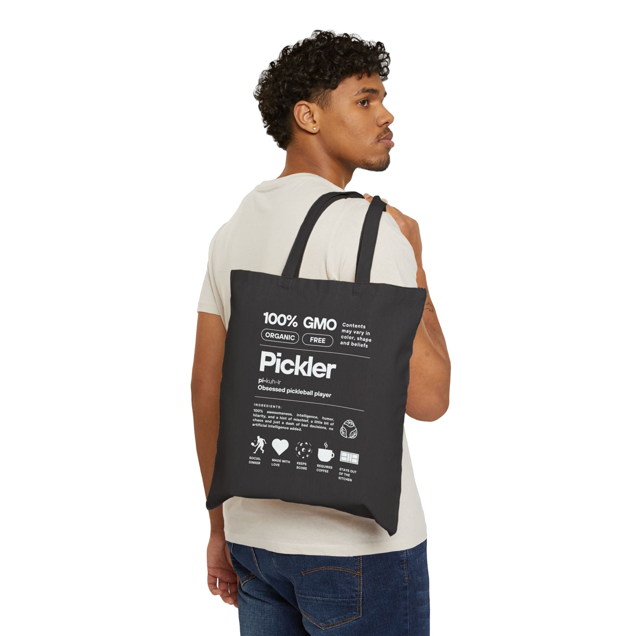The Pickler Tote Bag | MALE Figure | Black or natural | Funny "100% GMO-Free" Cotton Canvas Reusable Bag | Obsessed Pickleball Player Gift