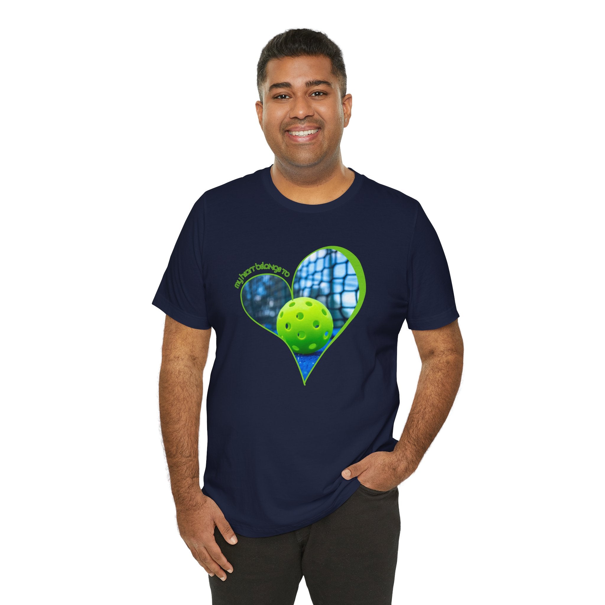 My Heart Belongs to Pickleball T-shirt by Printify showing a casual pickleball-themed tee with playful text and colorful design.