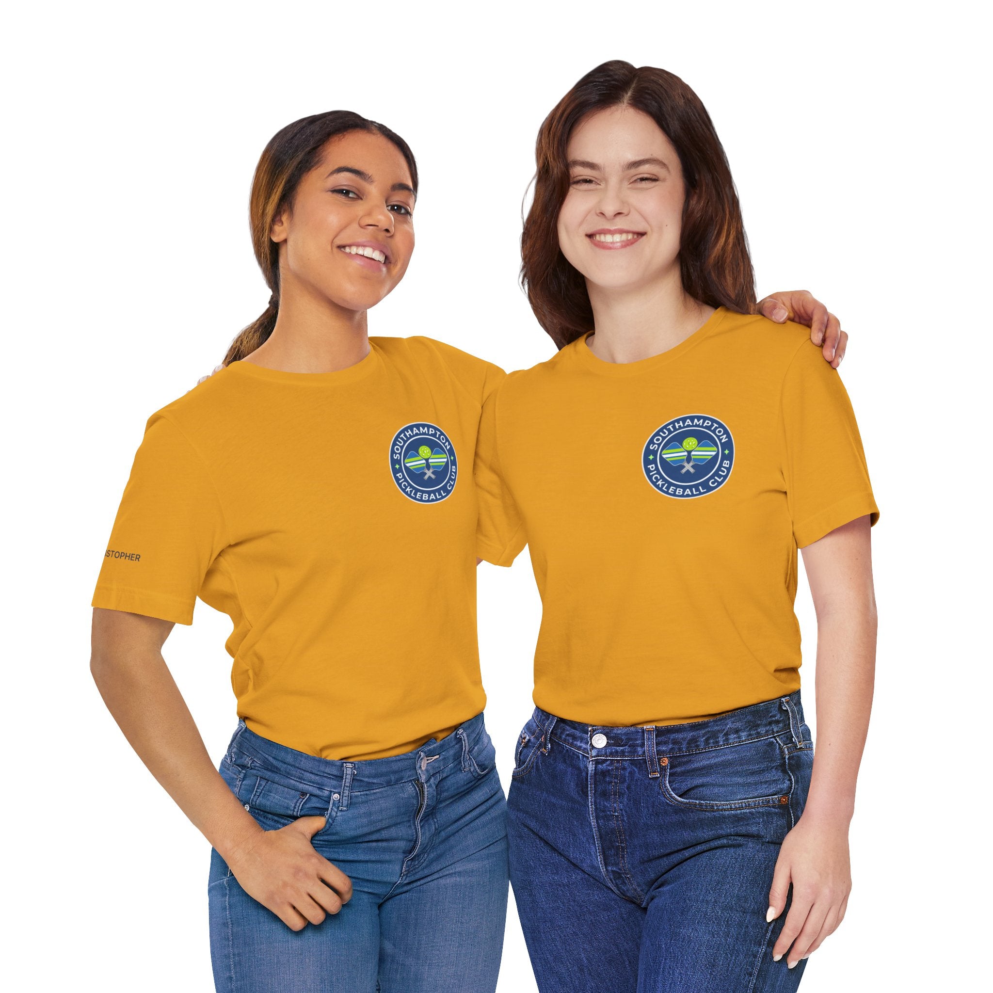 Personalized Pickleball T-Shirt with custom name sleeve and club logo, featuring pickleball graphic on the center back.