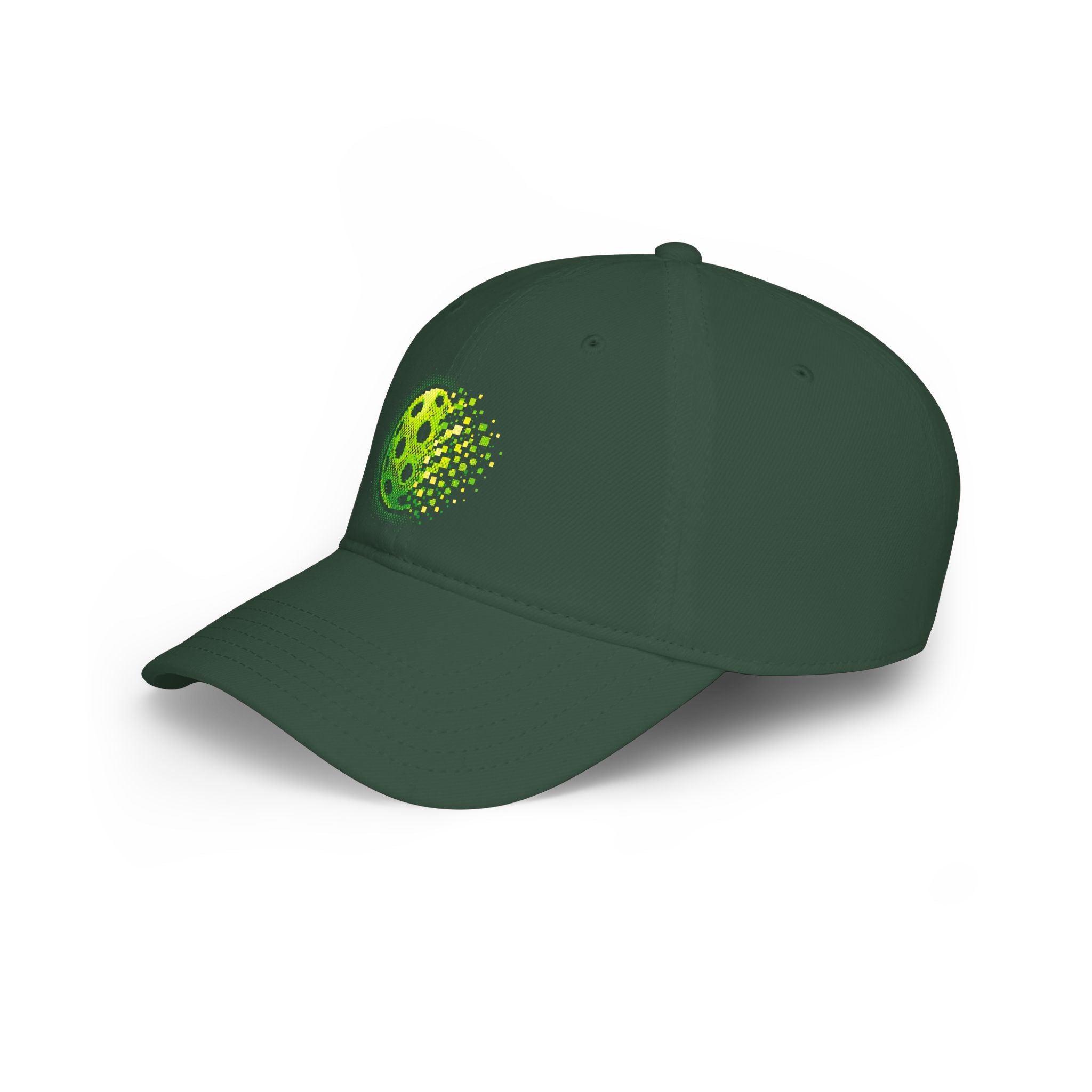 Pixelated Pickleball Cap in neon green, low profile cotton baseball hat by Printify, featuring a vibrant, pixelated pickleball design.