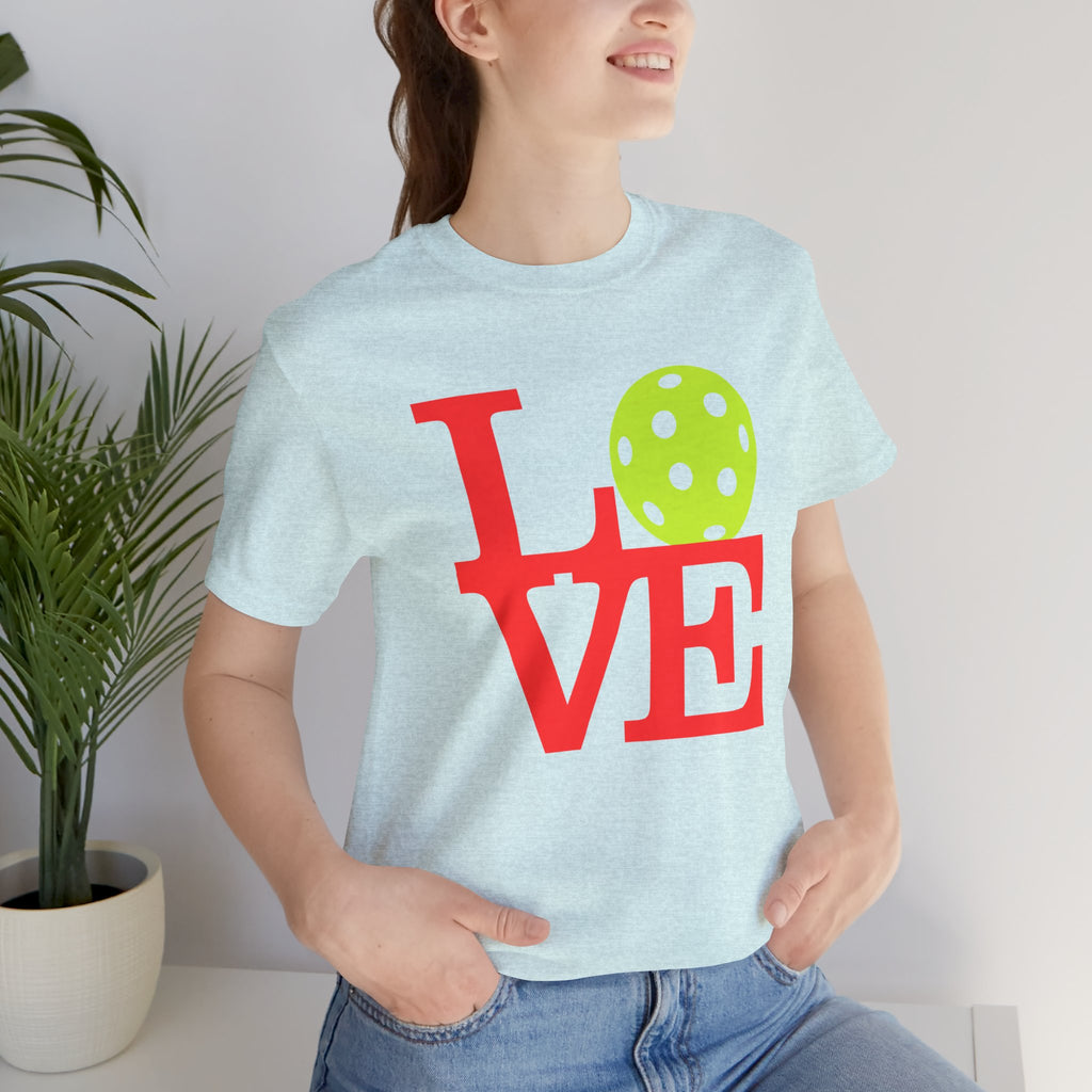 Neon pop art Love Pickleball T-shirt by Printify featuring bright colors and bold design on a premium cotton tee.