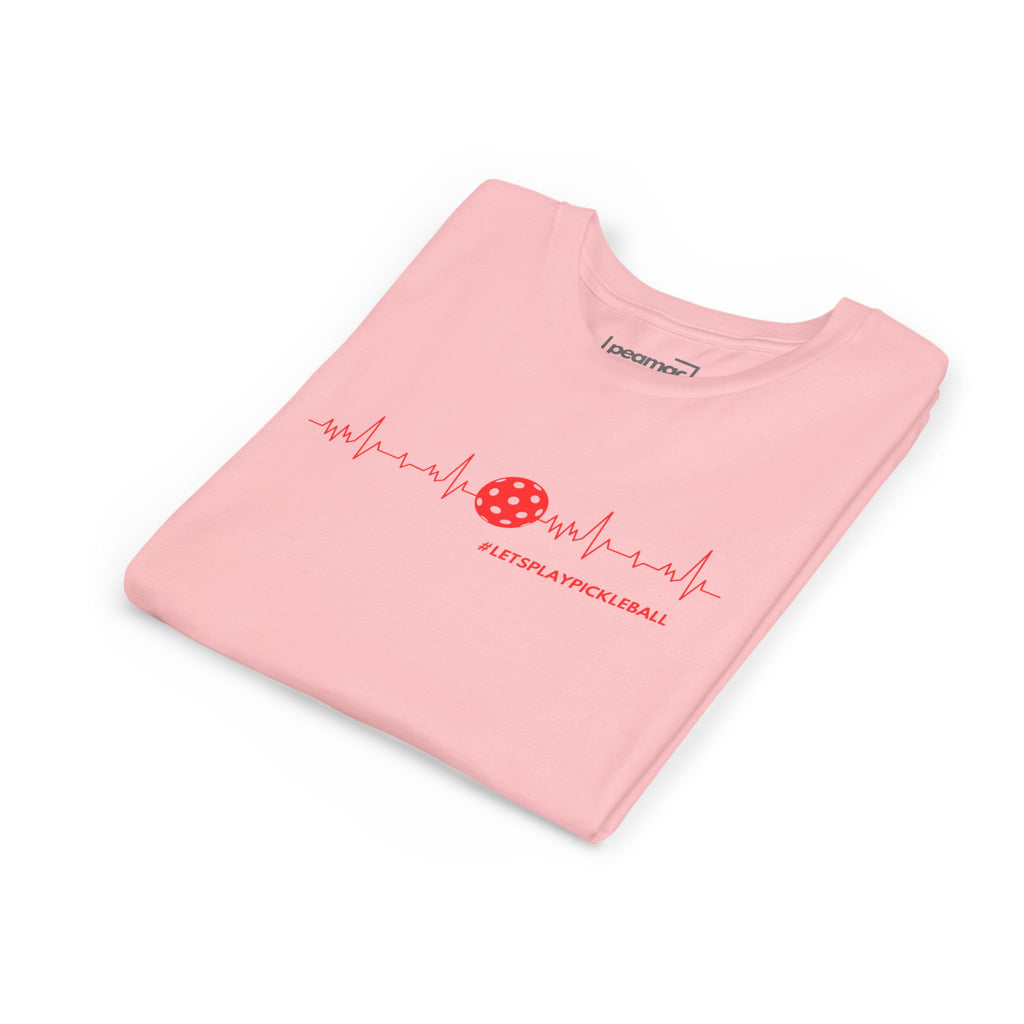 Youth Pickleball Tee by Printify featuring a heartbeat design and "Let's Play Pickleball" text, kids' colorful sports t-shirt